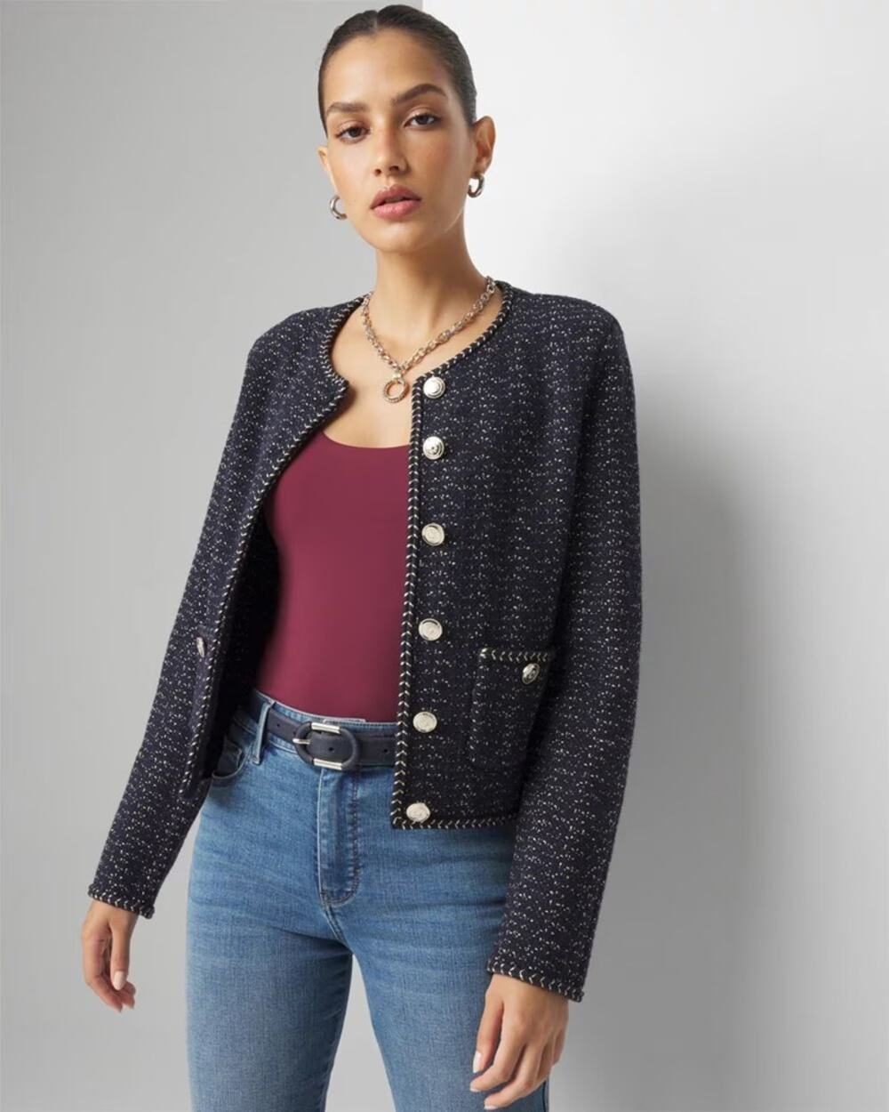 White House Black Market Glam Tweed Cropped Stylist Jacket Blue Gold XS